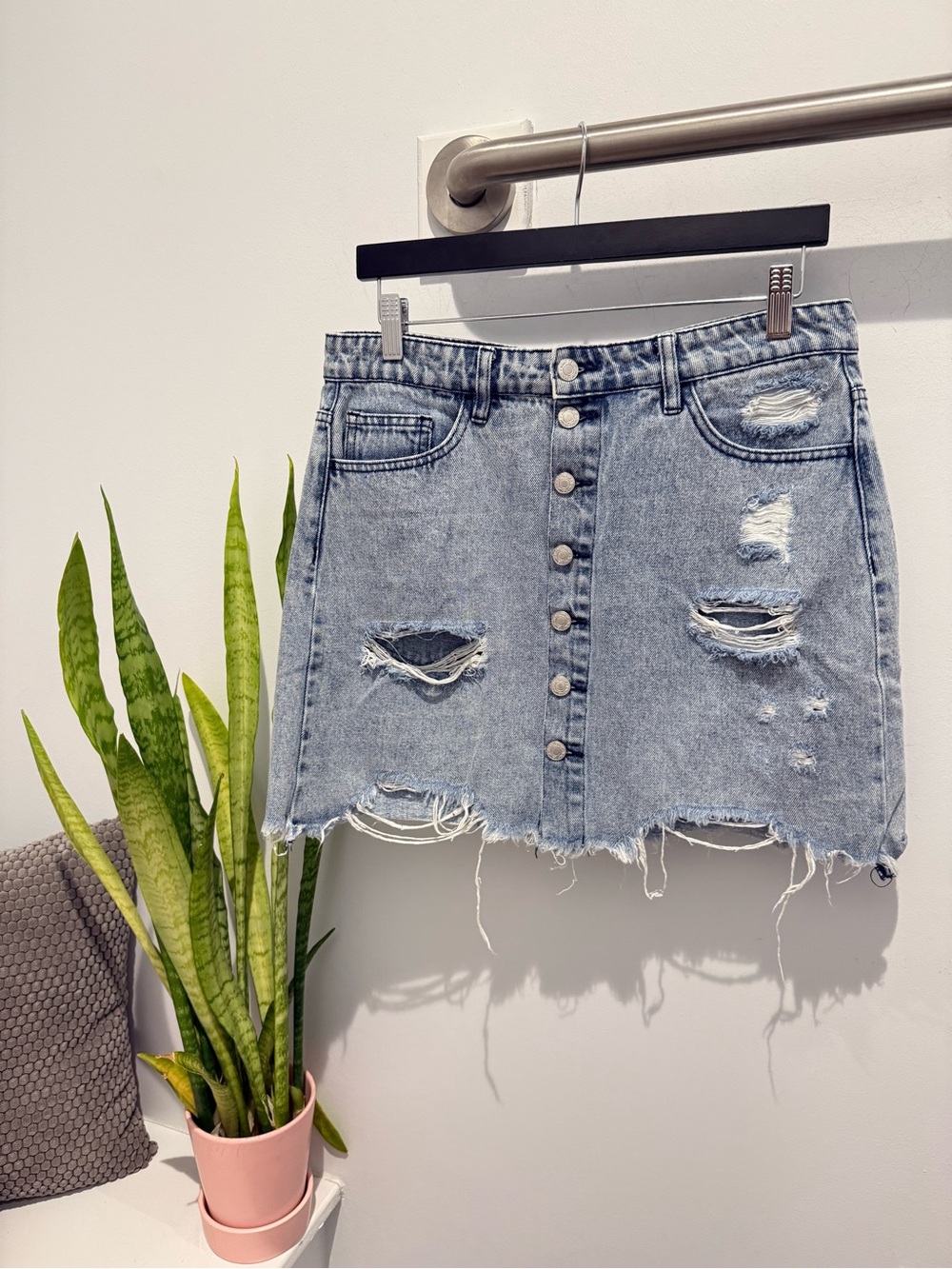 Vervet Light Wash Distressed Denim Mini Skirt with Button Front